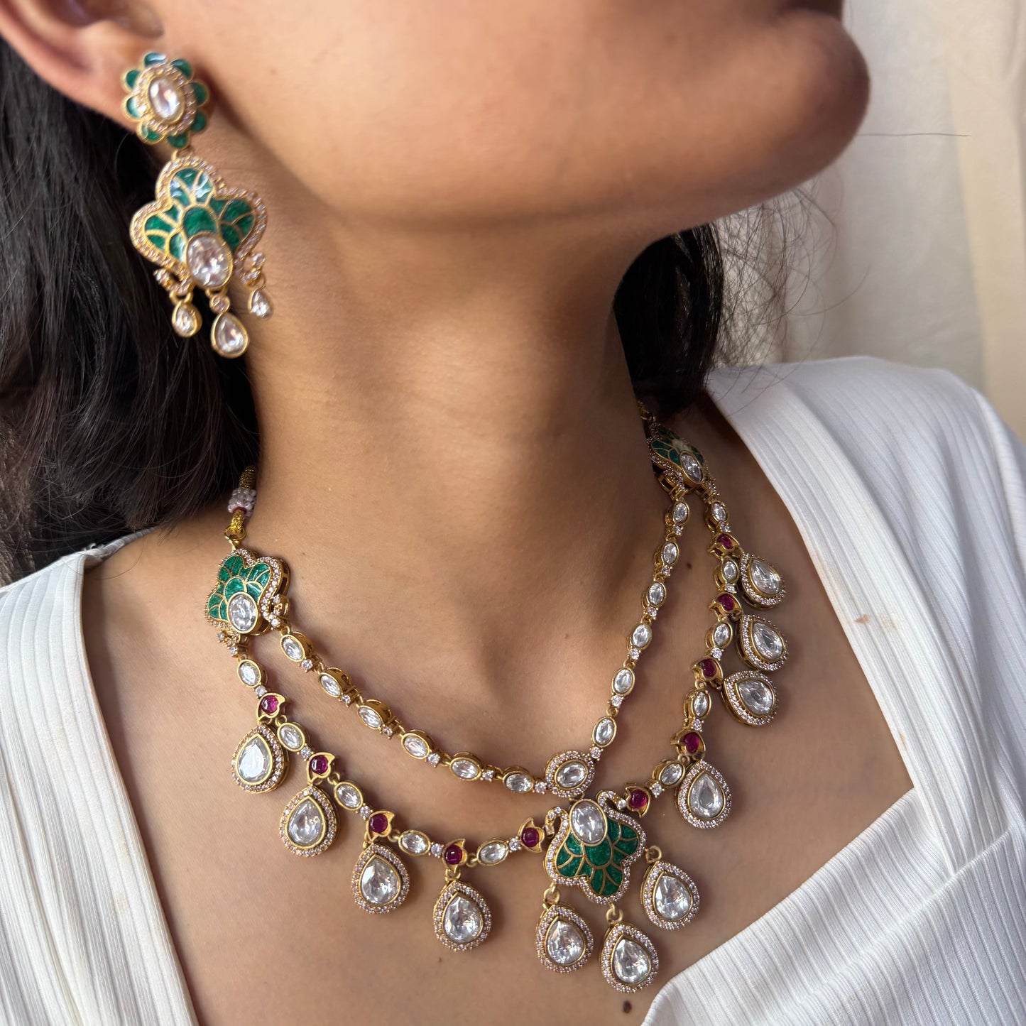 Green Polki Moissanite Layered Necklace