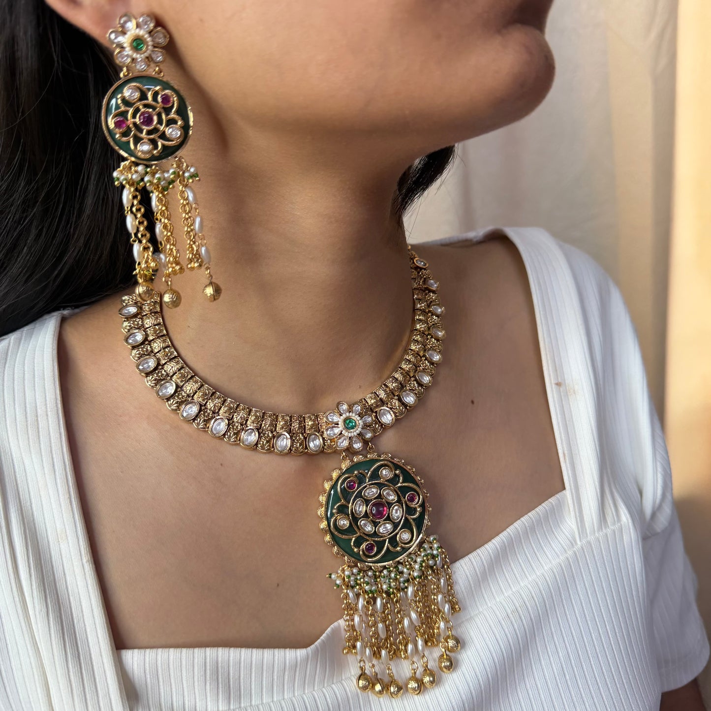 Rajwadi Green Brass Pendant Necklace