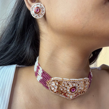 Pink Beaded Moissanite Choker Necklace