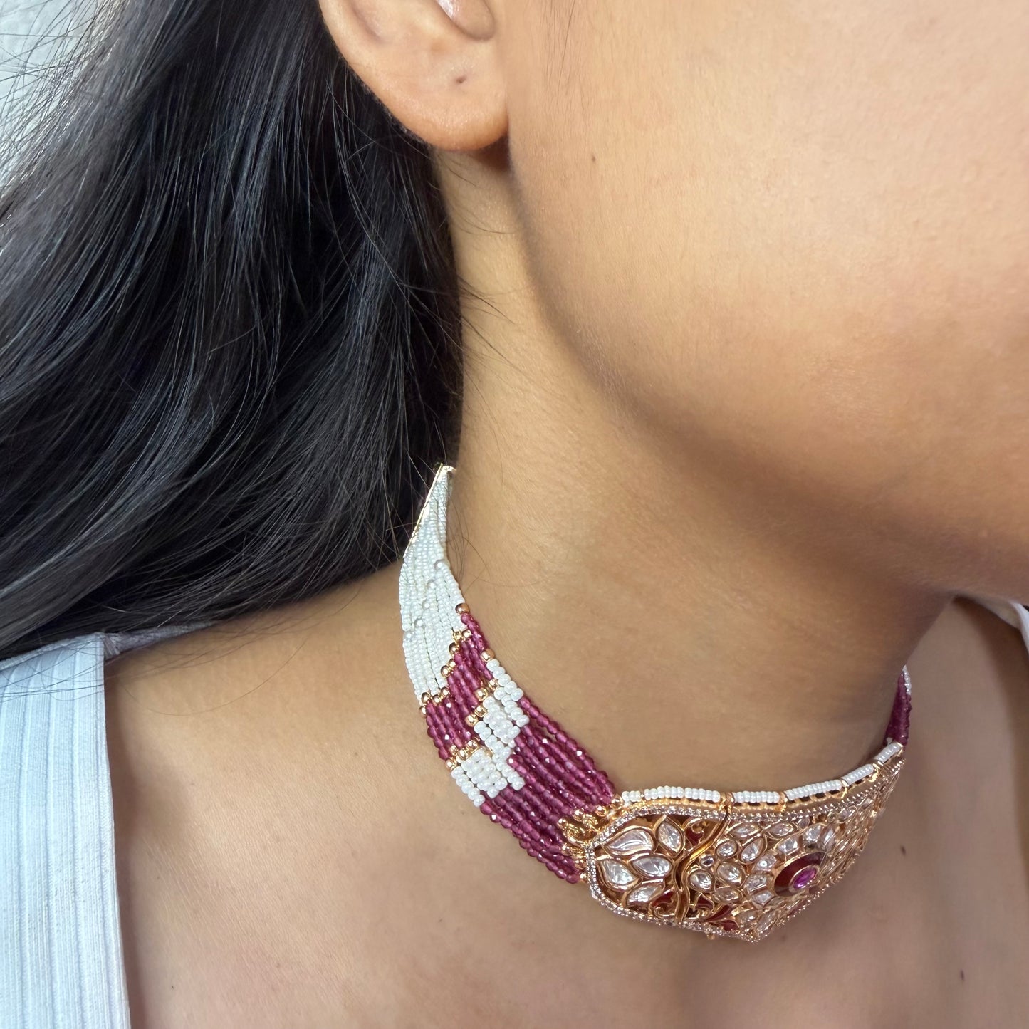 Pink Beaded Moissanite Choker Necklace