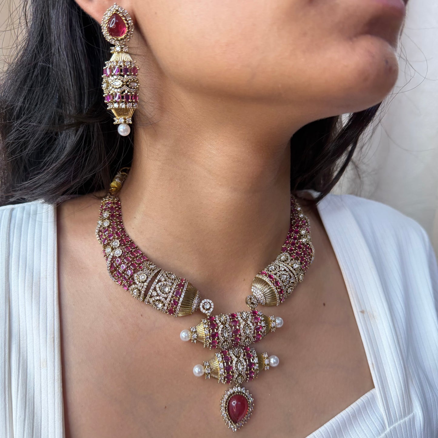 Ruby Beaded Moissanite Choker Necklace