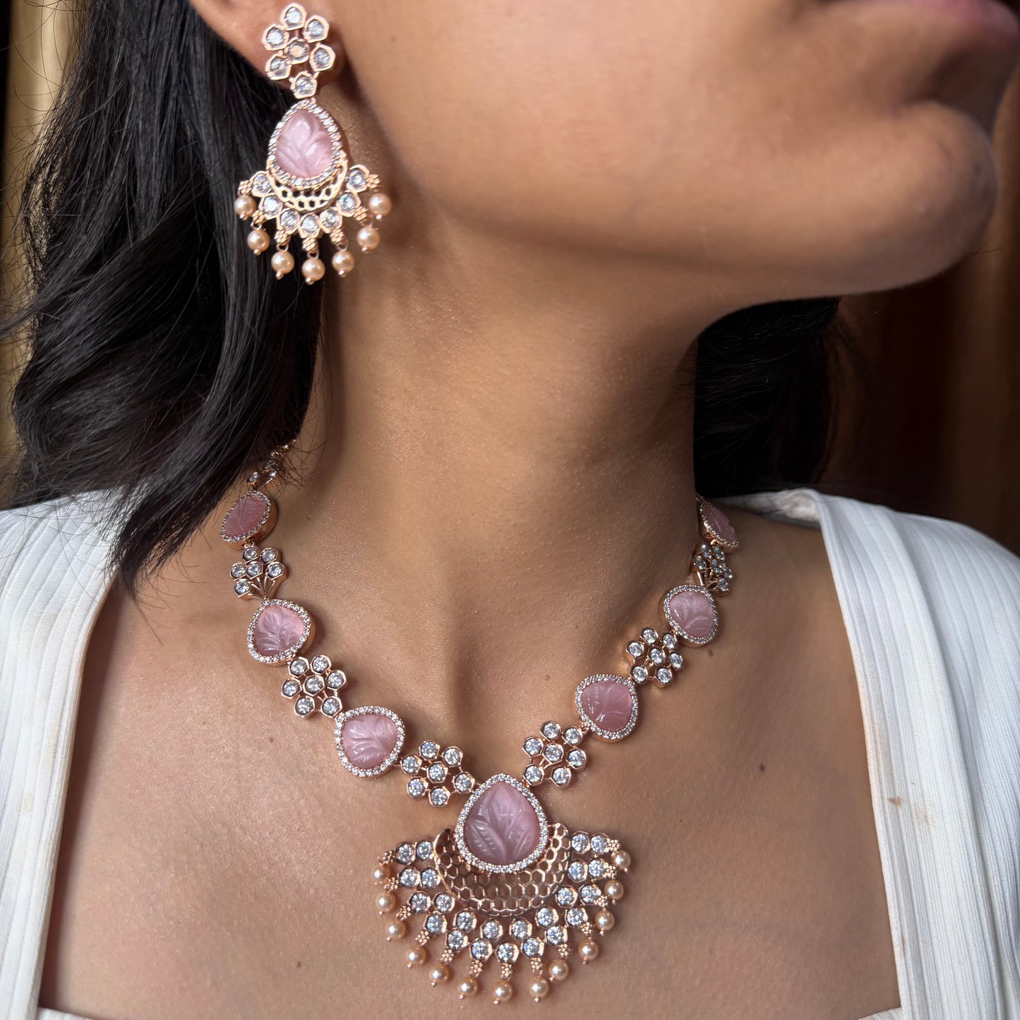 Premium Pink Stone Rose Gold Necklace