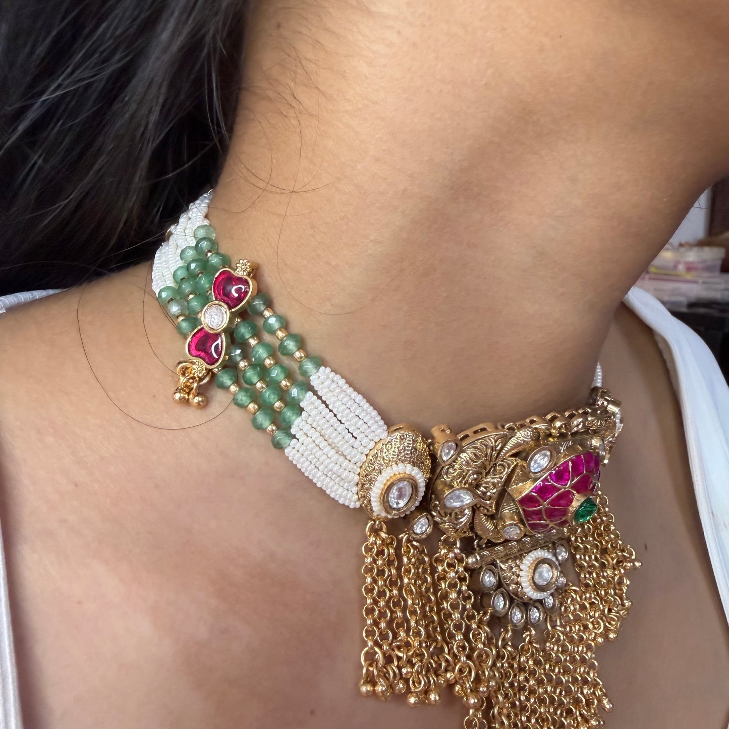 Rajwadi Brass Choker Necklace with Chain Tassels
