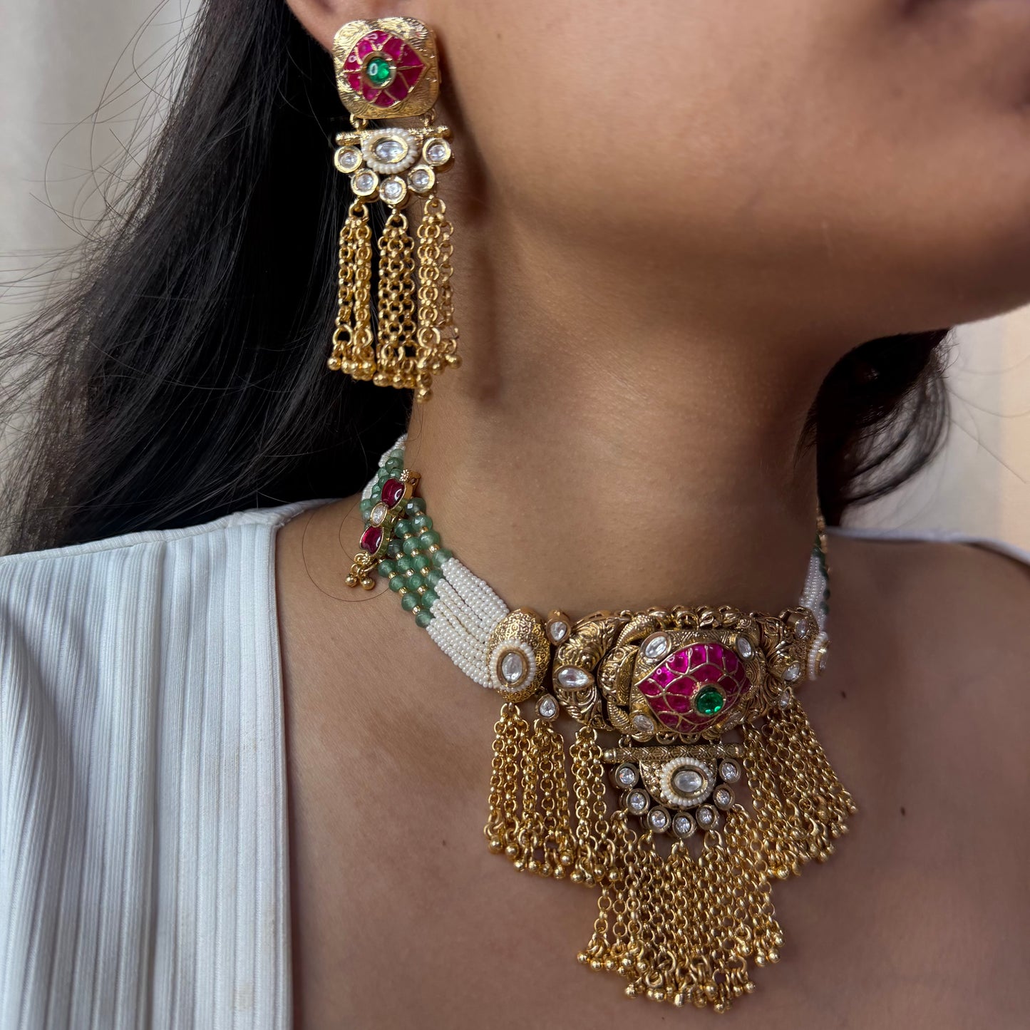 Rajwadi Brass Choker Necklace with Chain Tassels