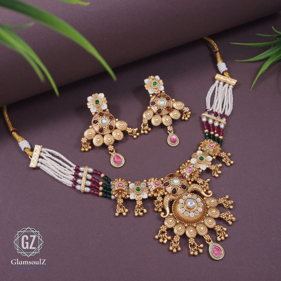 Elevate your style with our exquisite Rajwadi choker necklace, crafted with intricate detailing for a touch of royalty. Perfect for weddings and special occasions.