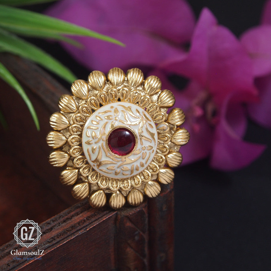 Elevate your style with our exquisite Rajwadi finger ring collection, crafted with intricate details and luxurious designs. Shop now for the latest trends in jewelry!