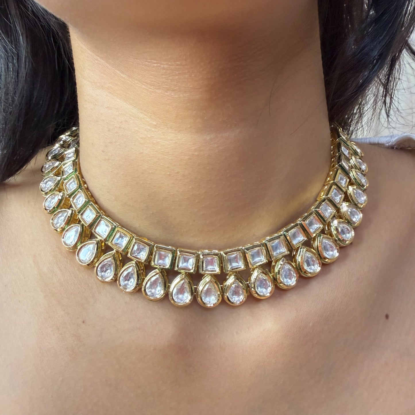 AD Kundan choker necklace with white stones and gold finish