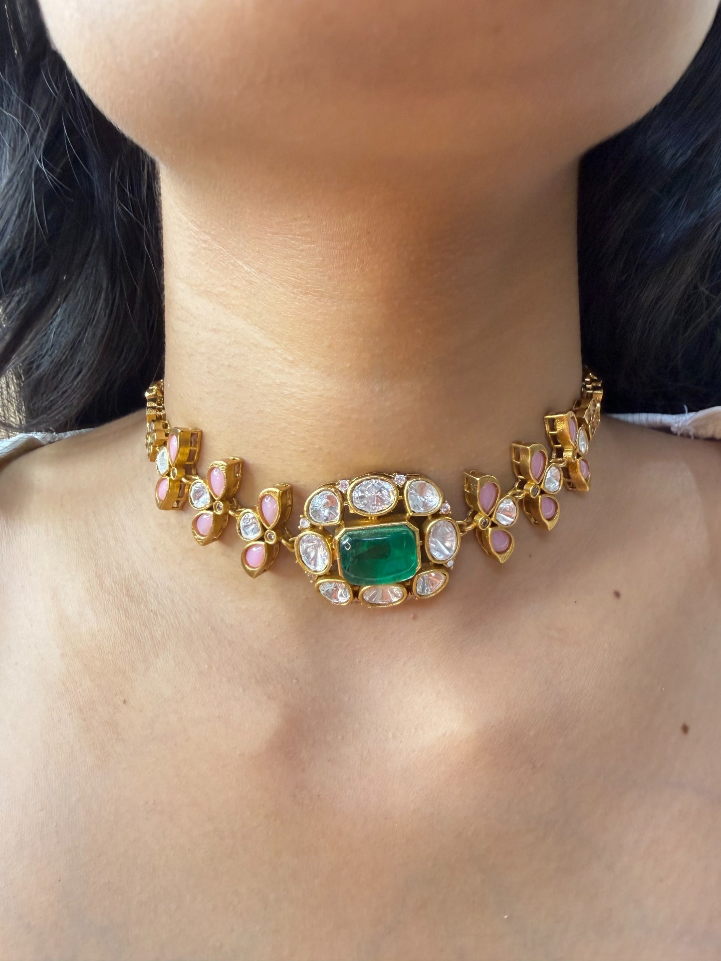 Green Bezel Moissanite Choker Necklace for women by GlamsoulZ