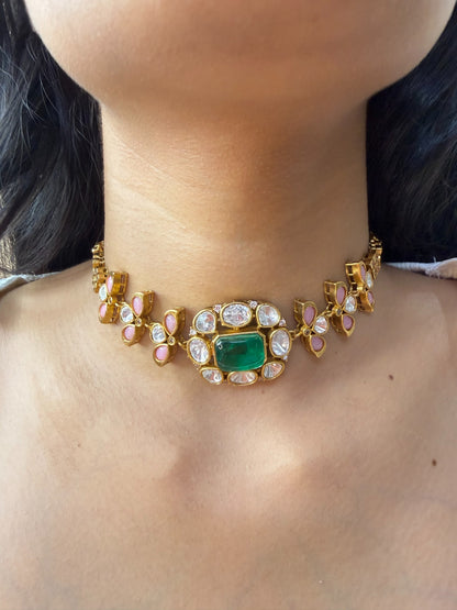 Green Bezel Moissanite Choker Necklace for women by GlamsoulZ