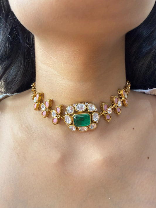 Green Bezel Moissanite Choker Necklace for women by GlamsoulZ