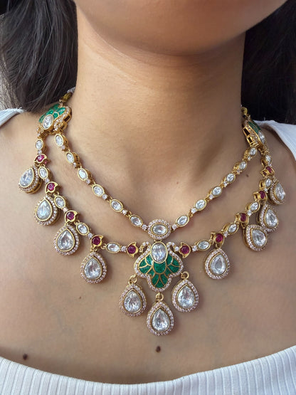 Green Polki Moissanite Layered Necklace for women by GlamsoulZ