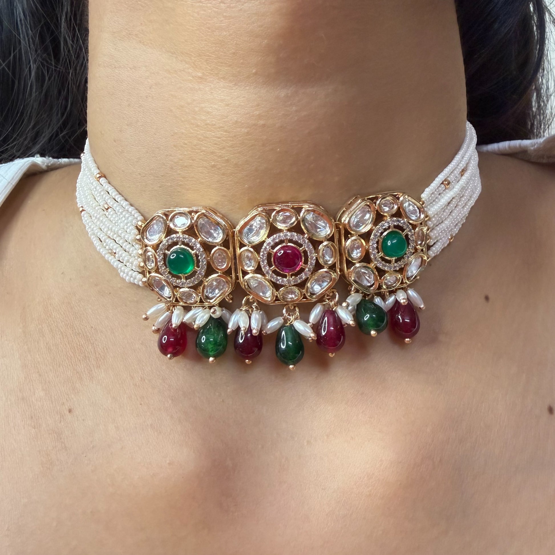 Kundan Style Pearl Moissanite Choker Necklace for women by GlamsoulZ