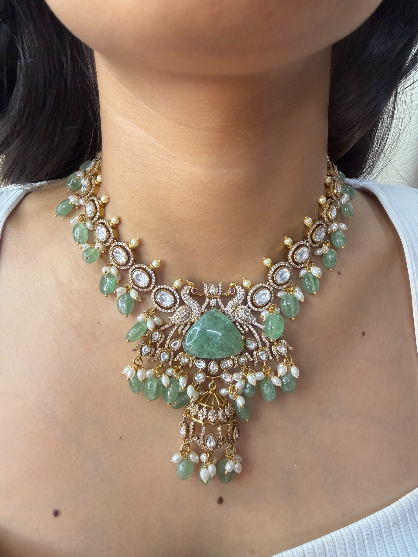 Mint Green Pearl Moissanite Necklace for women by GlamsoulZ