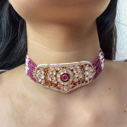 Pink Beaded Moissanite Choker Necklace for women by GlamsoulZ
