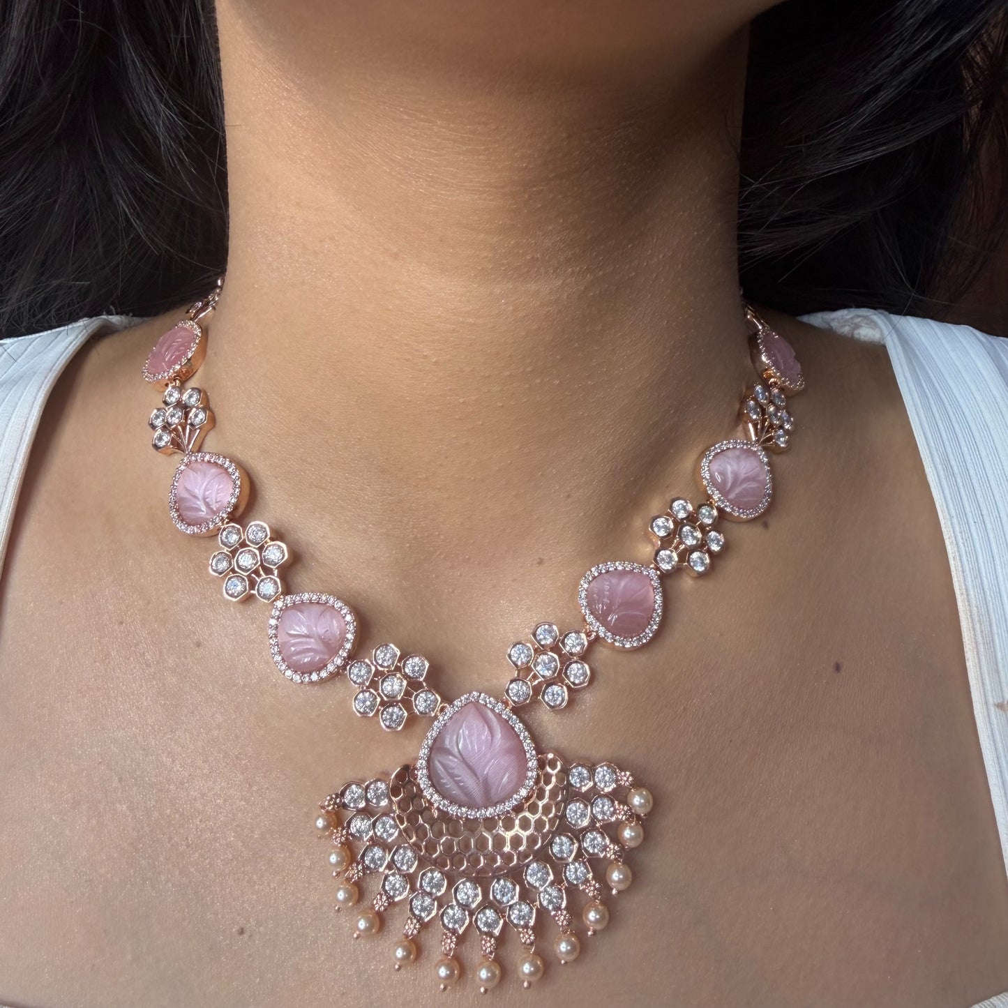 Premium Pink Stone Rose Gold Necklace for women by GlamsoulZ