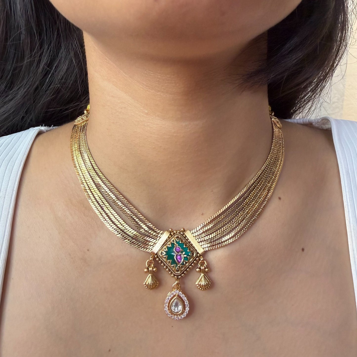 Rajwadi antique brass pendant necklace with green and pink stone detailing