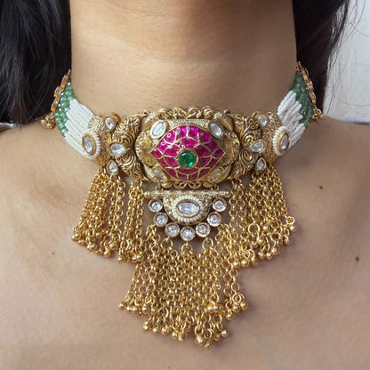 Rajwadi brass choker necklace with pink green centre and gold chain tassels