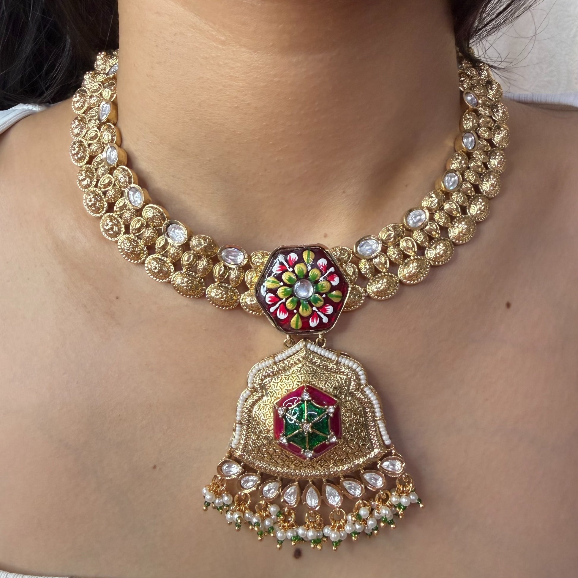 Rajwadi handpainted brass pendant necklace with kundan and pearl detailing
