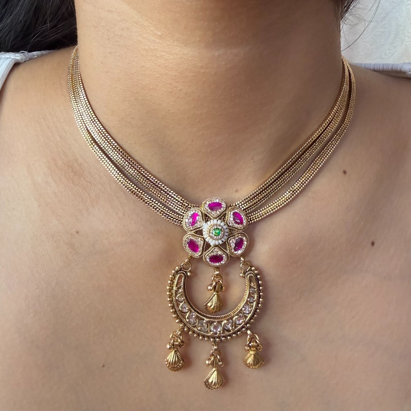 Rajwadi gold multi chain pendant necklace with pink and green stones