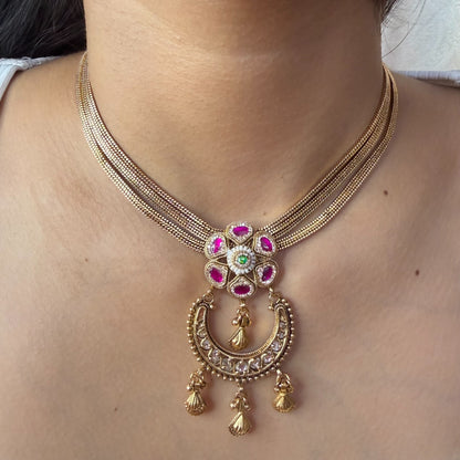 Rajwadi gold multi chain pendant necklace with pink and green stones
