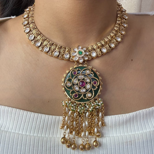 Rajwadi green brass pendant necklace with kundan stones and pearl tassels
