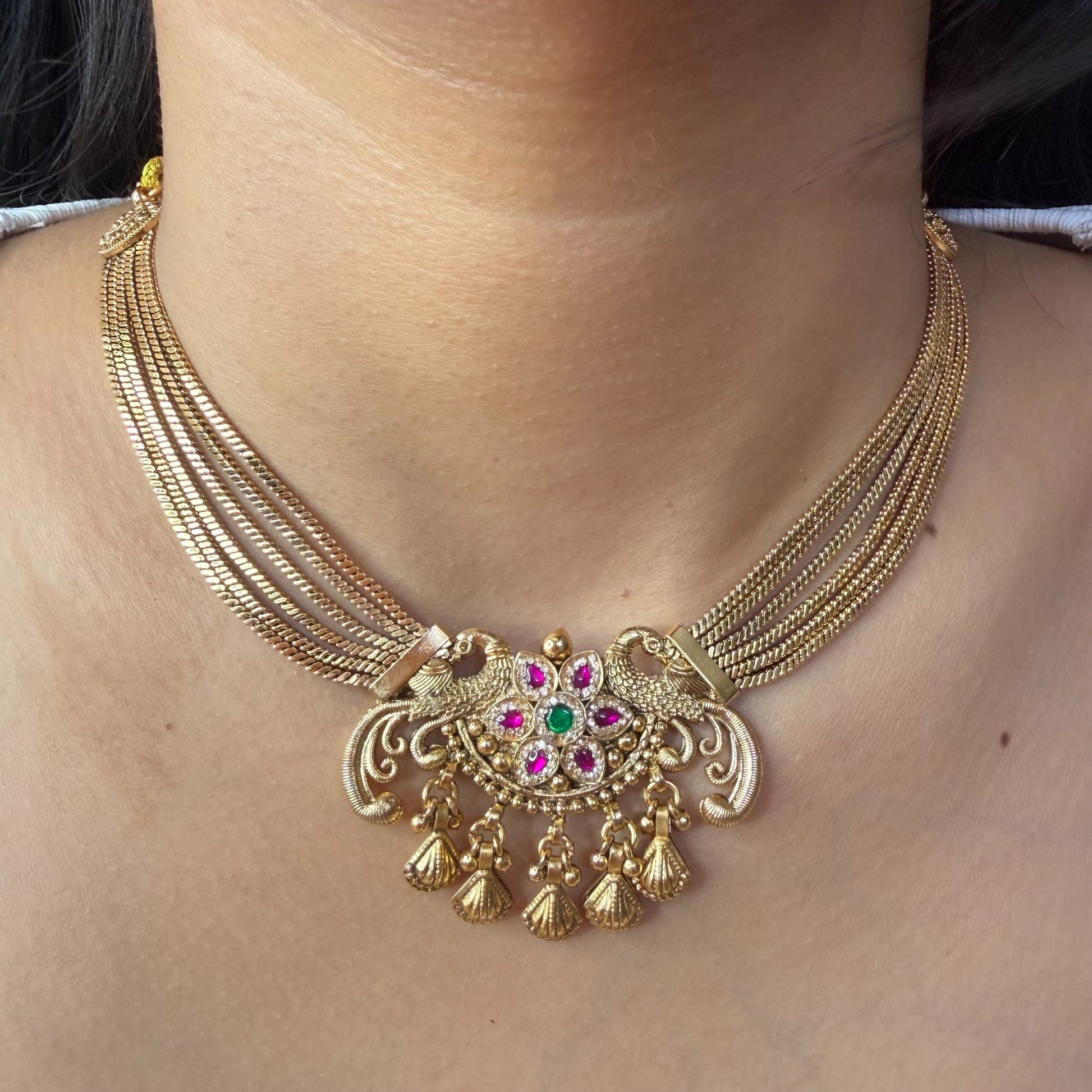 Rajwadi multi chain peacock necklace in brass with traditional pendant
