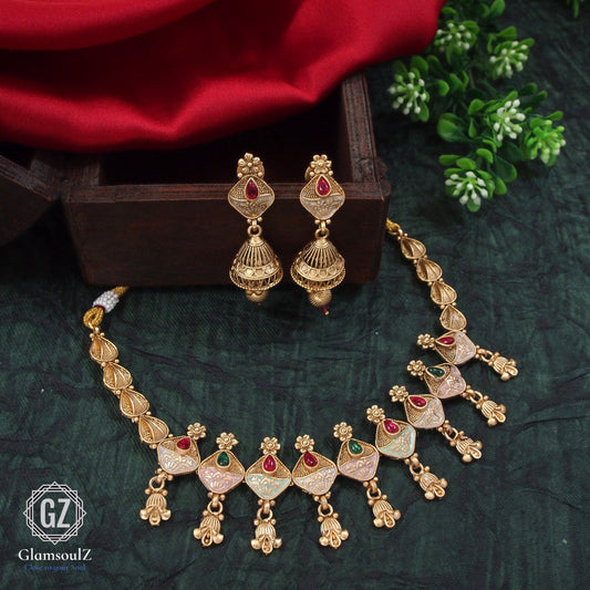 Elevate your style with our Rajwadi short necklace from Glamsoulz. Handcrafted with intricate details, perfect for adding a touch of elegance to your look.