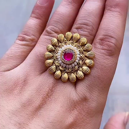 "Regal Rajwadi Adjustable Finger Ring with real stone - Exquisite Elegance"